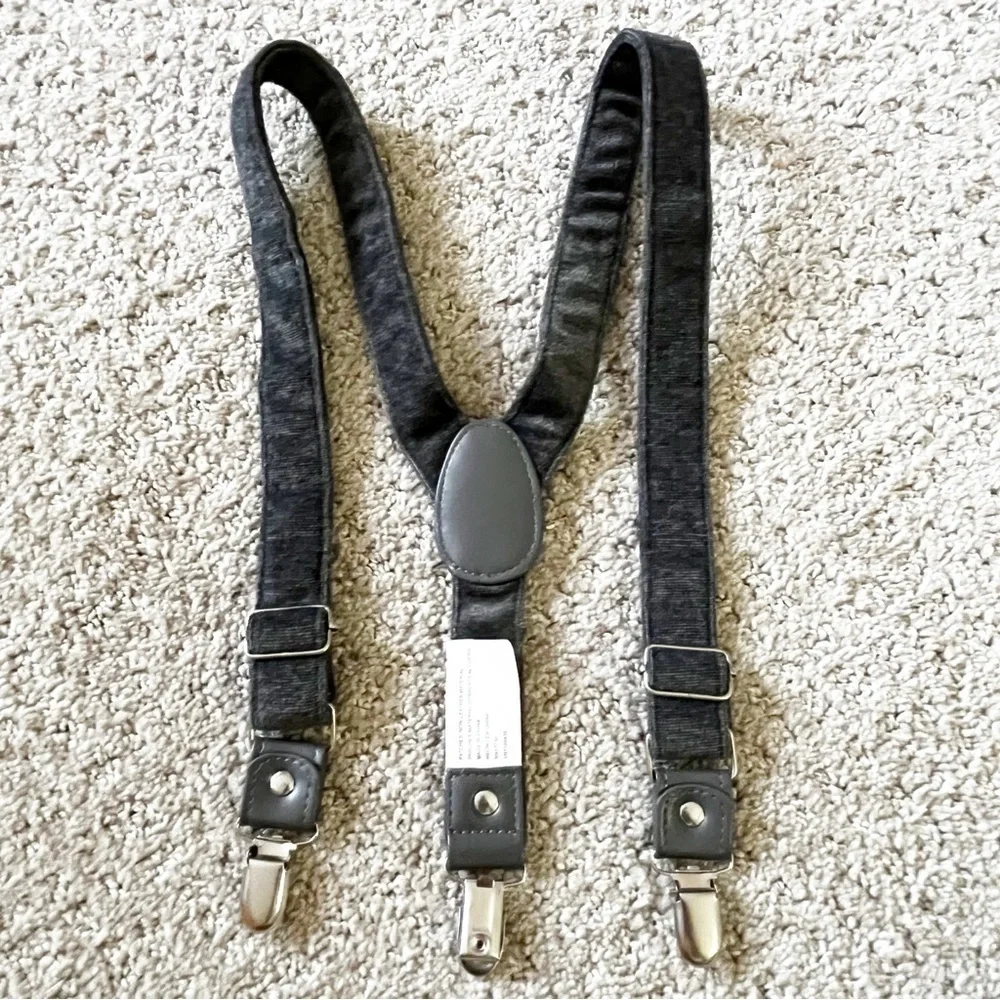 Boys Gray Suspenders Braces Velvet Feel Y-Back Preppy Wedding Silver Clip